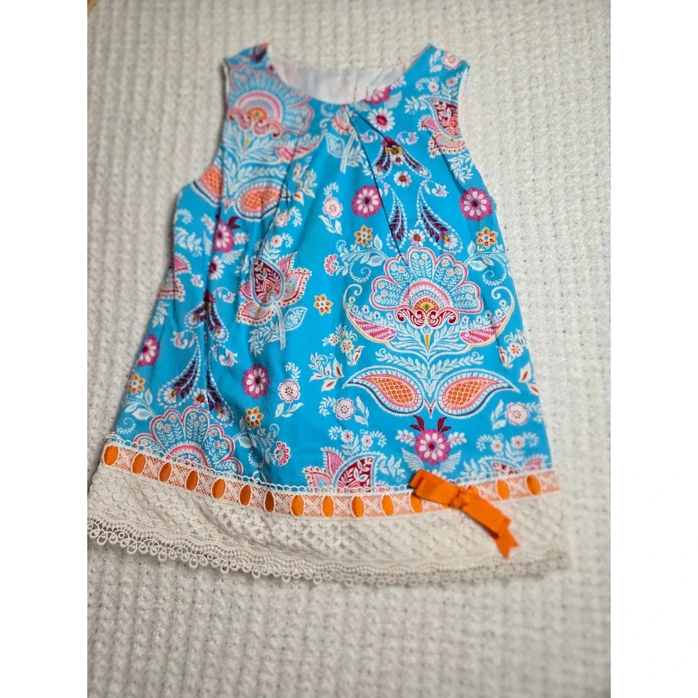 Counting Daisies Girls Blue Paisley Floral Lace Trim Dress Size 5